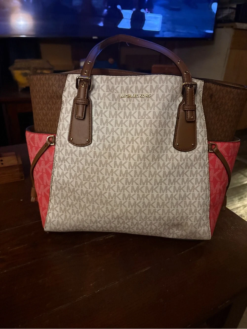 Michael Kors Tri-Color Signature Tote - Cream, Brown & Pink